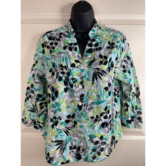 Alfred Dunner Blouse Women Size 12P Petite 12 Green Blue Semi Sheer Button Top - Picture 3 of 8